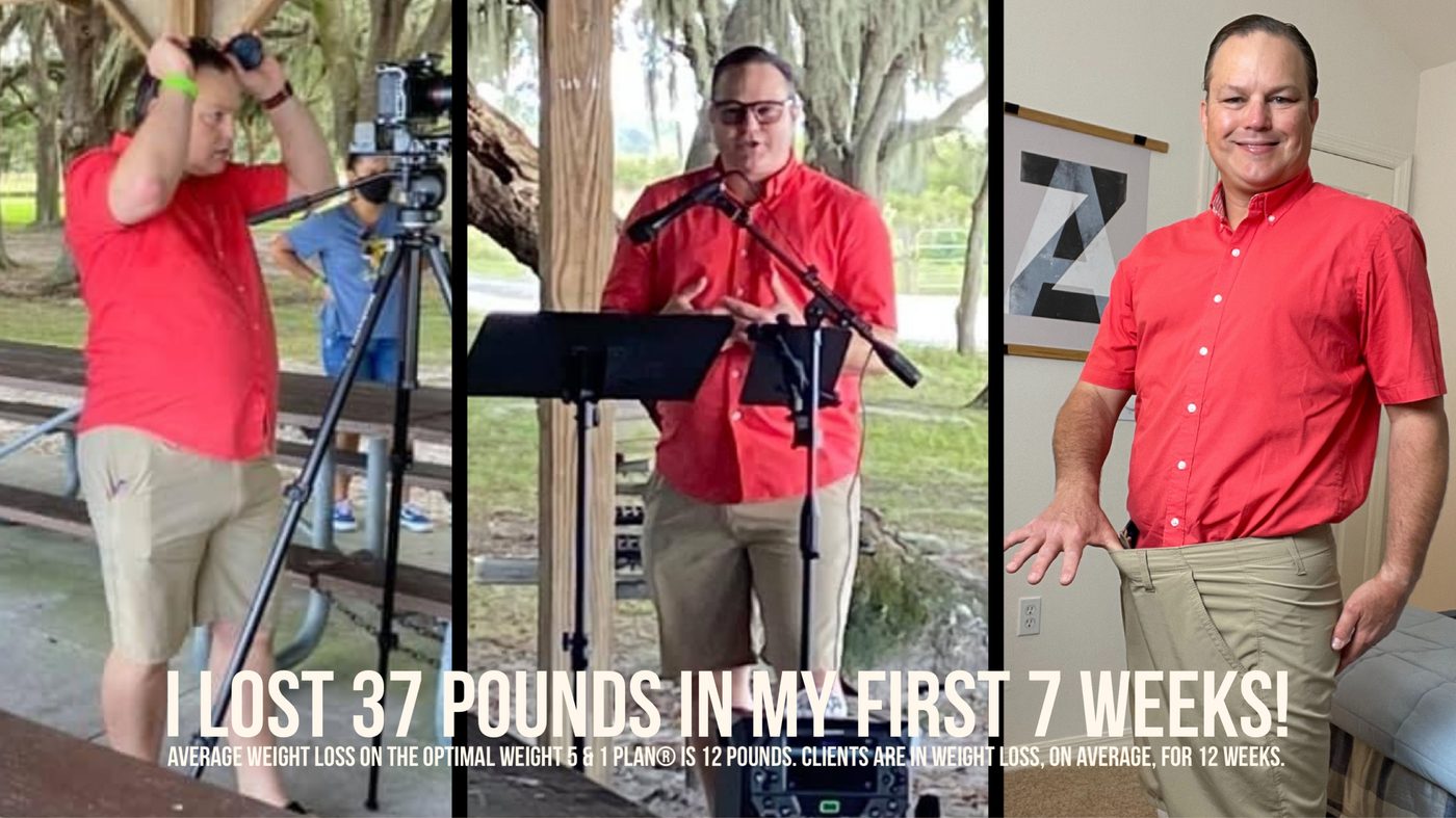 Coach Bill Ellis's branded transformation banner — 'I lost 37 pounds in my first 7 weeks!' Three photos: two preaching at an outdoor church service in December 2020, and one weeks later holding out the waistband of his now-oversized khaki shorts