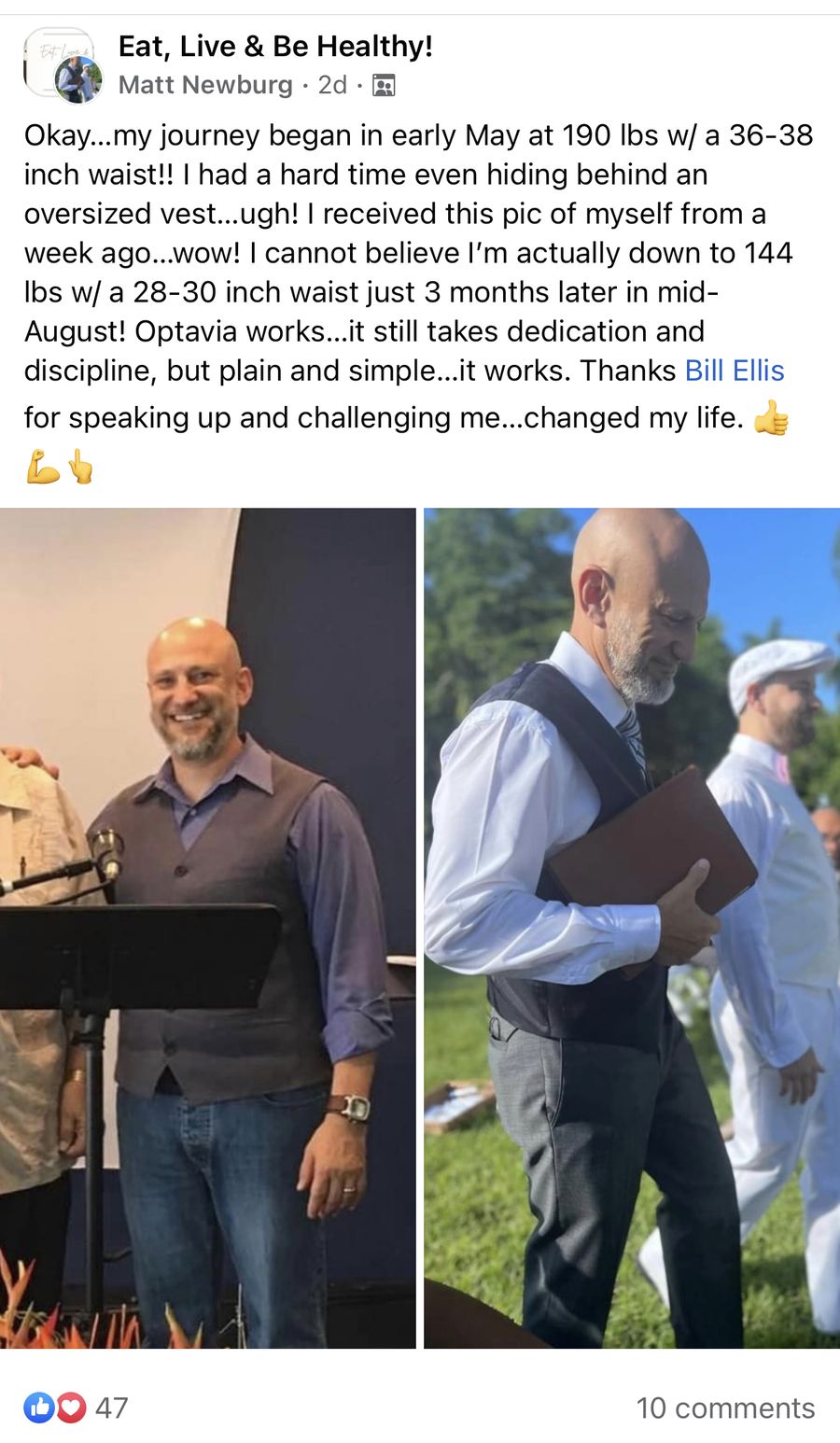Matt Newburg's Facebook post with before and after photos: speaking at a lectern in a vest at 190 pounds, and walking outdoors visibly leaner at 144 pounds three months later