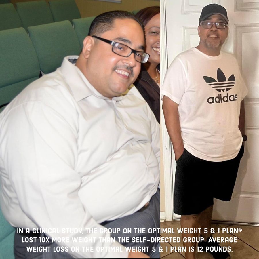 Robert Morales before and after: seated at church at his heaviest, and standing slimmer in a white t-shirt after losing 35 pounds