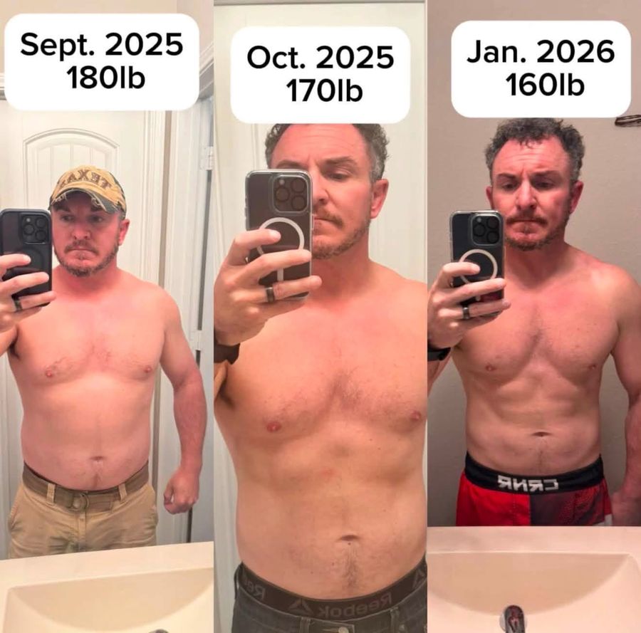 Before-and-after men's weight loss transformation photo, community member 12